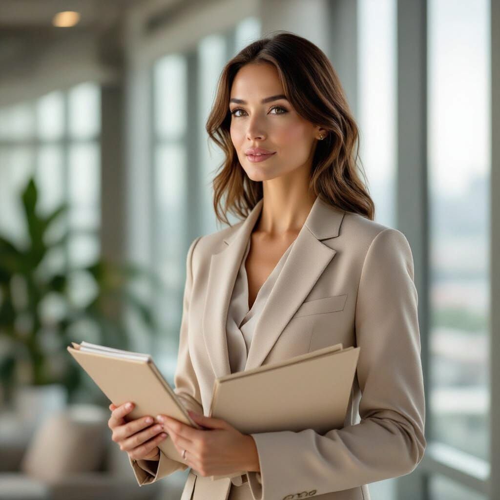 Professional Woman in Beige Suit in Modern Office