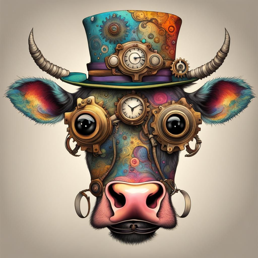Psychedelic Steampunk Cow in Modern Art Style