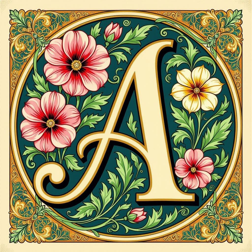Art Nouveau Letter A with Flowers