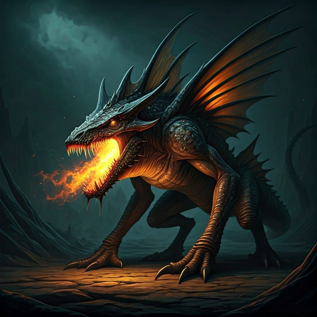 Bipedal Dragon with Wings and Fire Breath in Dark Fantasy St...