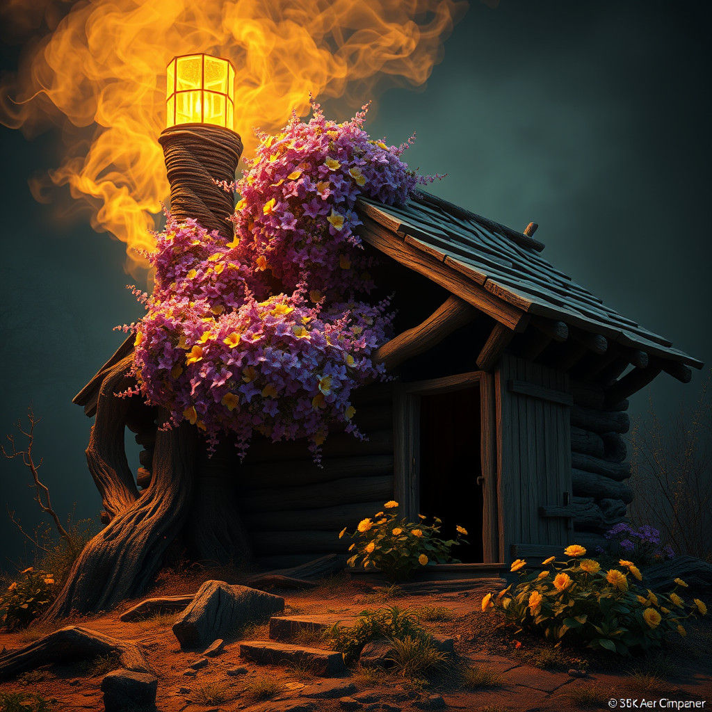 Mystical Cabin with Floral Chimney, Dark Fantasy Art