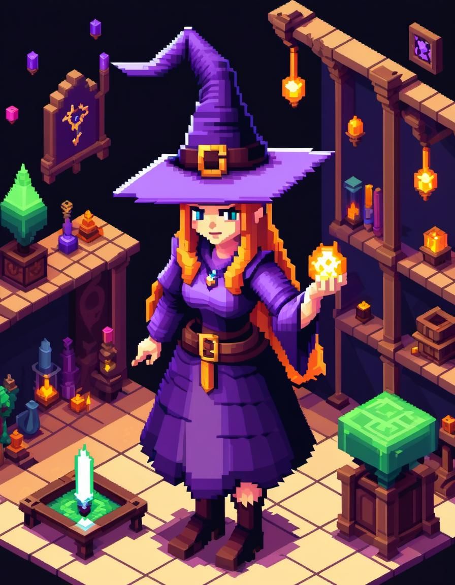 Isometric Pixel-Art of Witch Crafting Spells