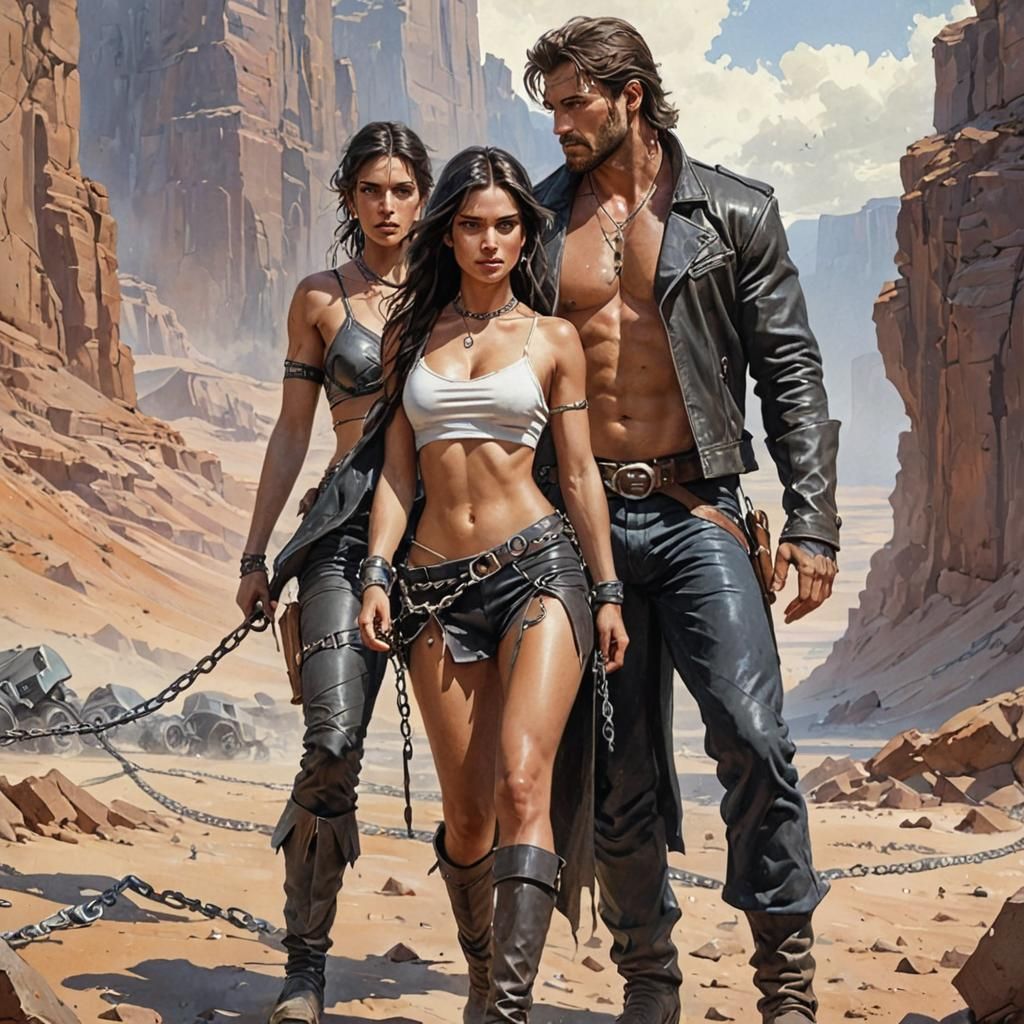 Desert Raiders Lead Woman in Chains: Detailed Illustration