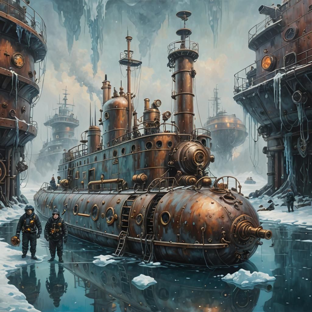 Steampunk Research Submarine in Icy Waters