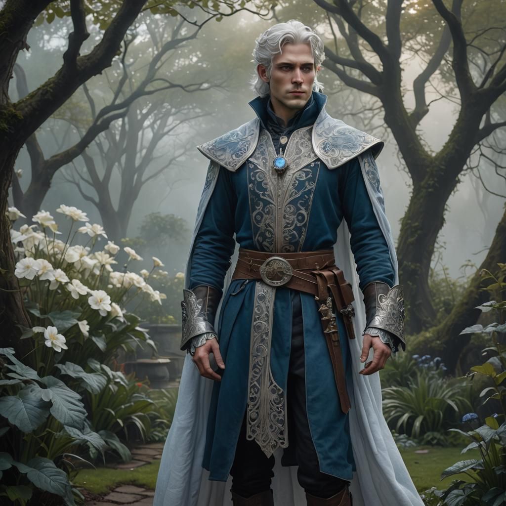 Blue-Skinned Noble in Misty Garden, Art Nouveau Style