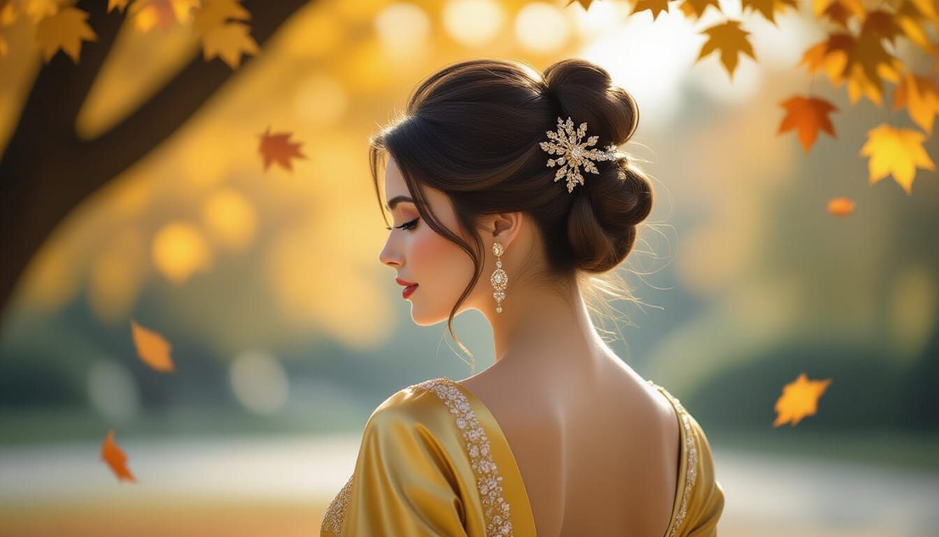 Woman in Golden Gown Under Autumn Tree