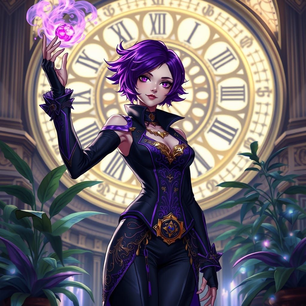Elegant Fantasy Woman in Vibrant Clockwork Setting