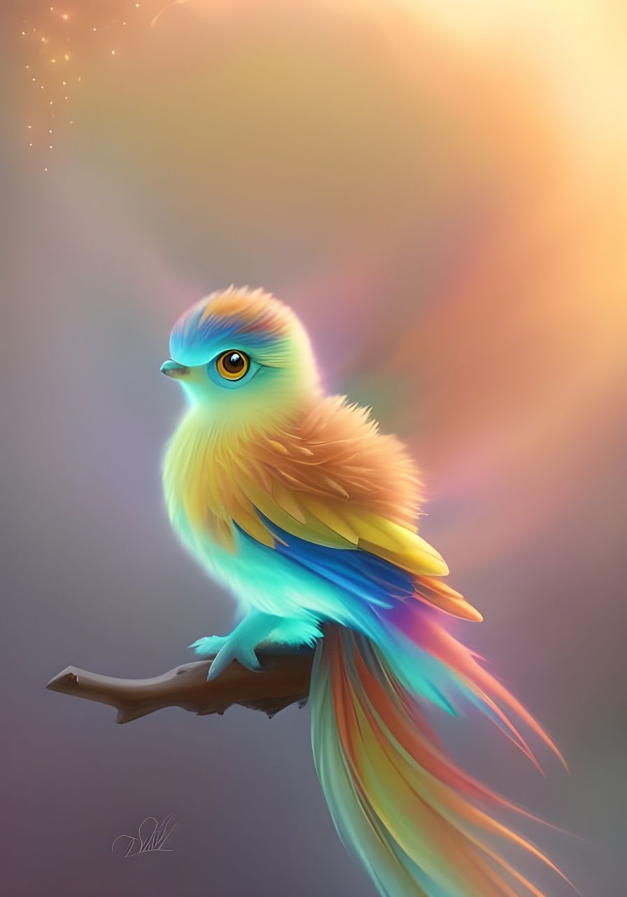 Rainbow Feathered Phoenix Bird in Art Nouveau Style