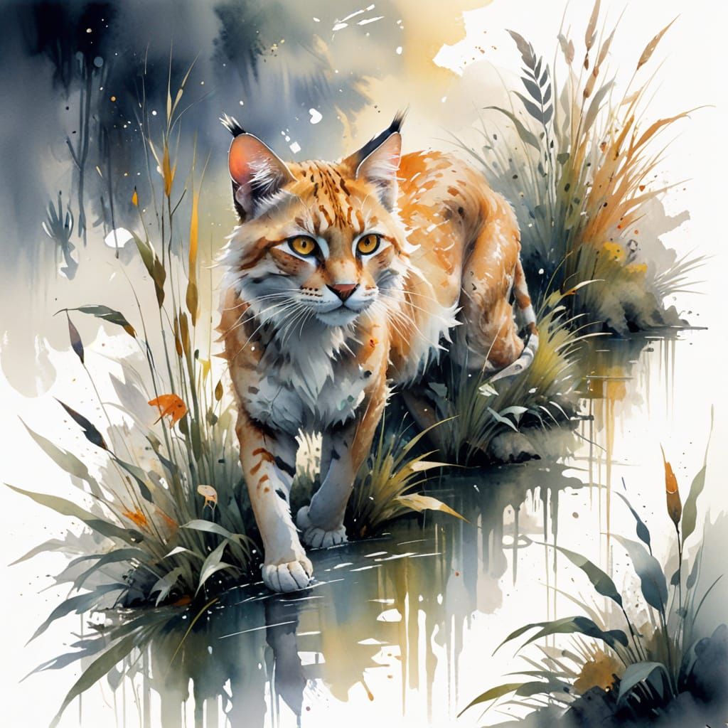 Jungle Cat Stalking Wetlands at Dusk