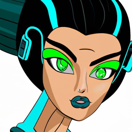 Blue Cyborg Bartender with Green Eyes in Spacecore Style