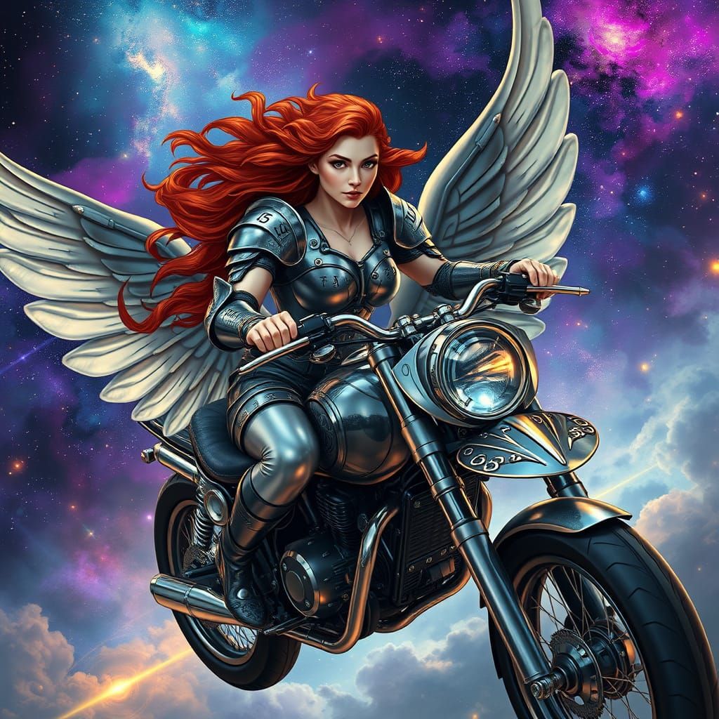 Cyberpunk Valkyrie Rides through Nebula-Filled Sky