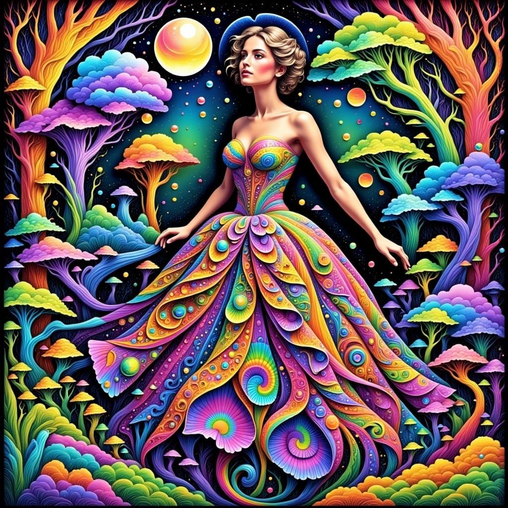 Psychedelic Rococo Gown in Surreal Garden