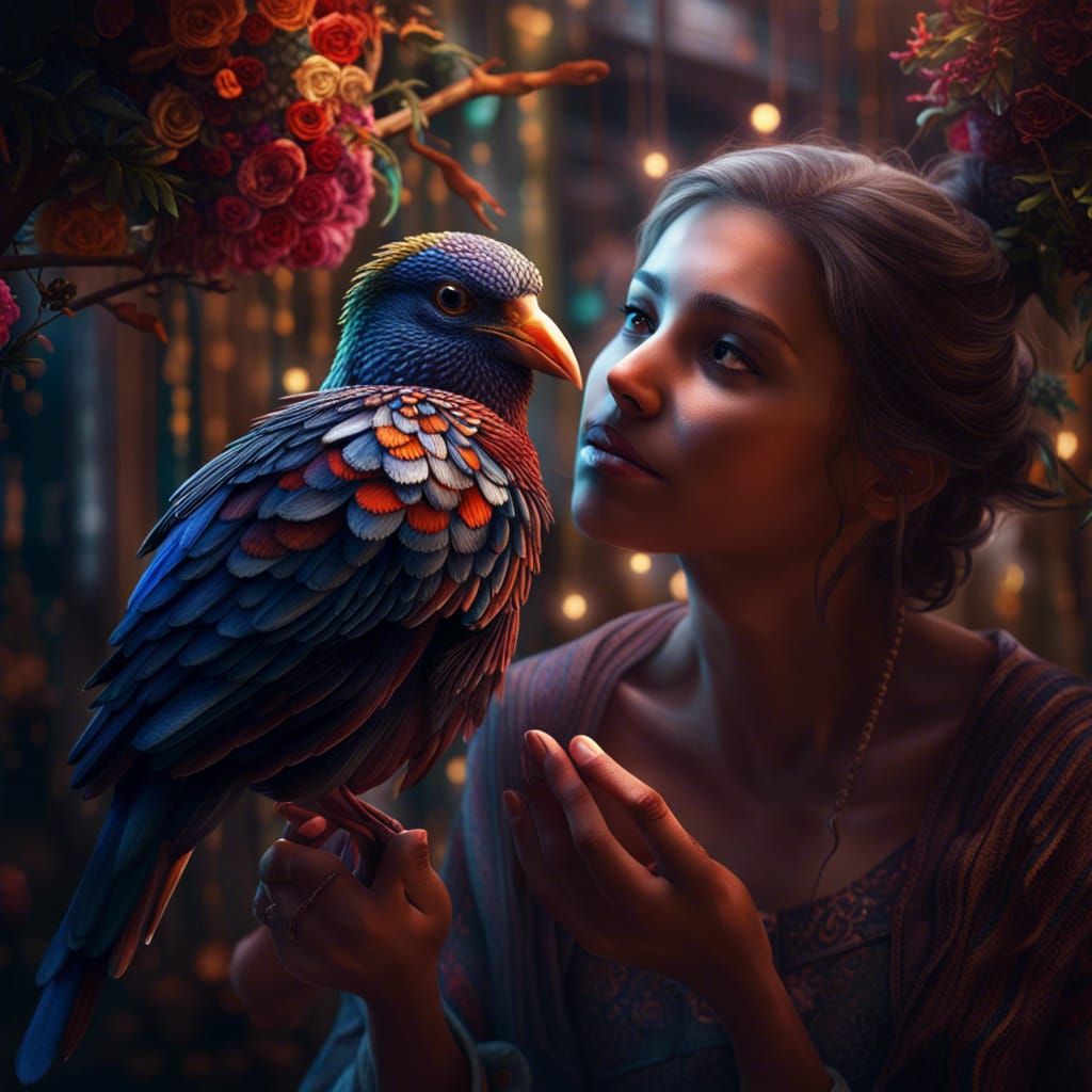 Girl Gently Caressing a Bird in Magical Light