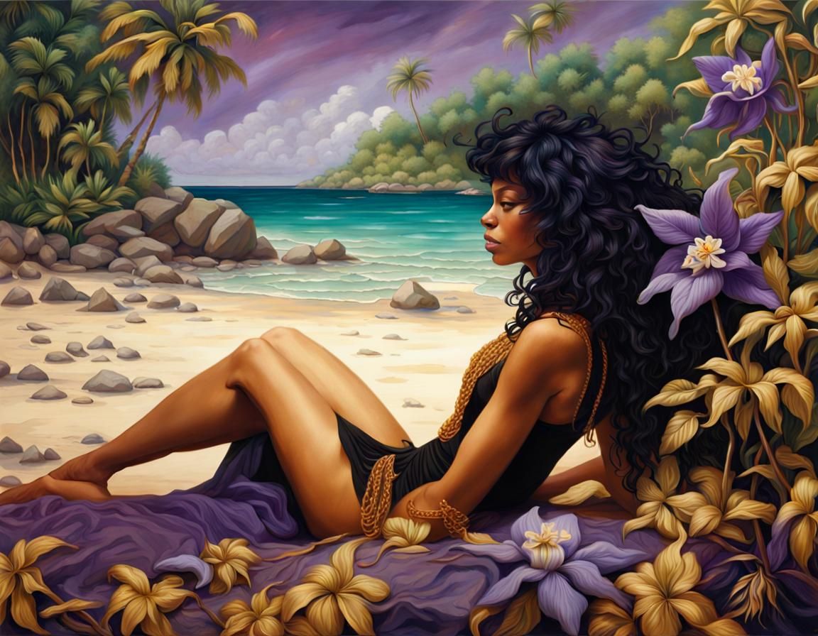 Woman with Exotic Flowers on Caribbean Beach