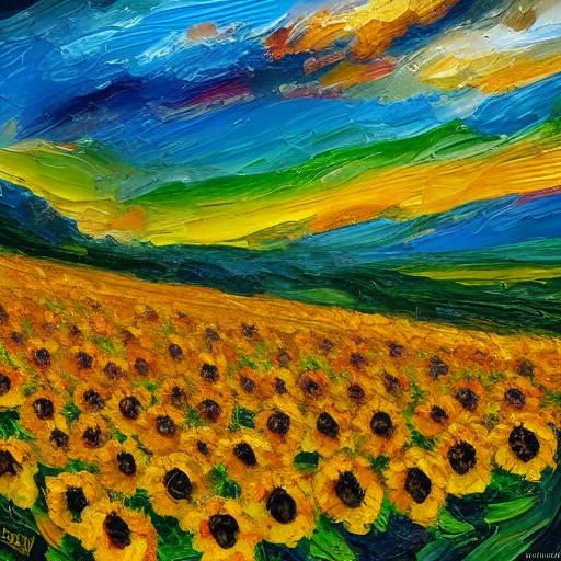 Sunflowers and Rainbow: an Impasto Oil Painting