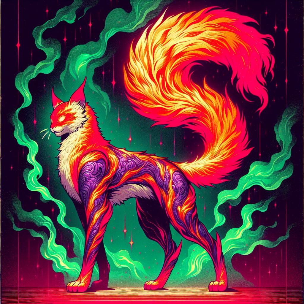 Bipedal Feline with Electric Tail in Anime Comic Style
