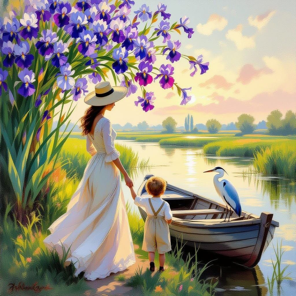French Mother and Son Under Vibrant Iris Tree
