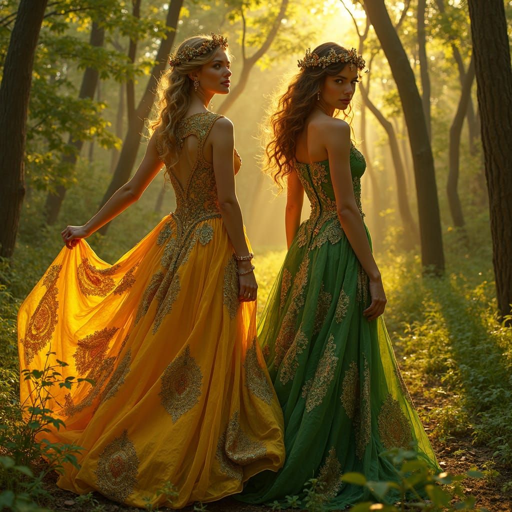 Golden and Green Dresses in Sunny Forest
