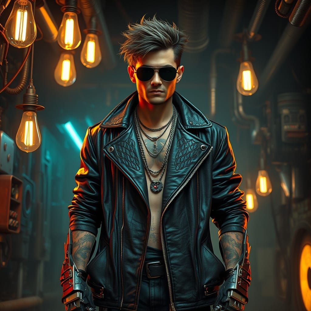 Cyberpunk Figure in Weathered Leather Coat with Cybernetic A...