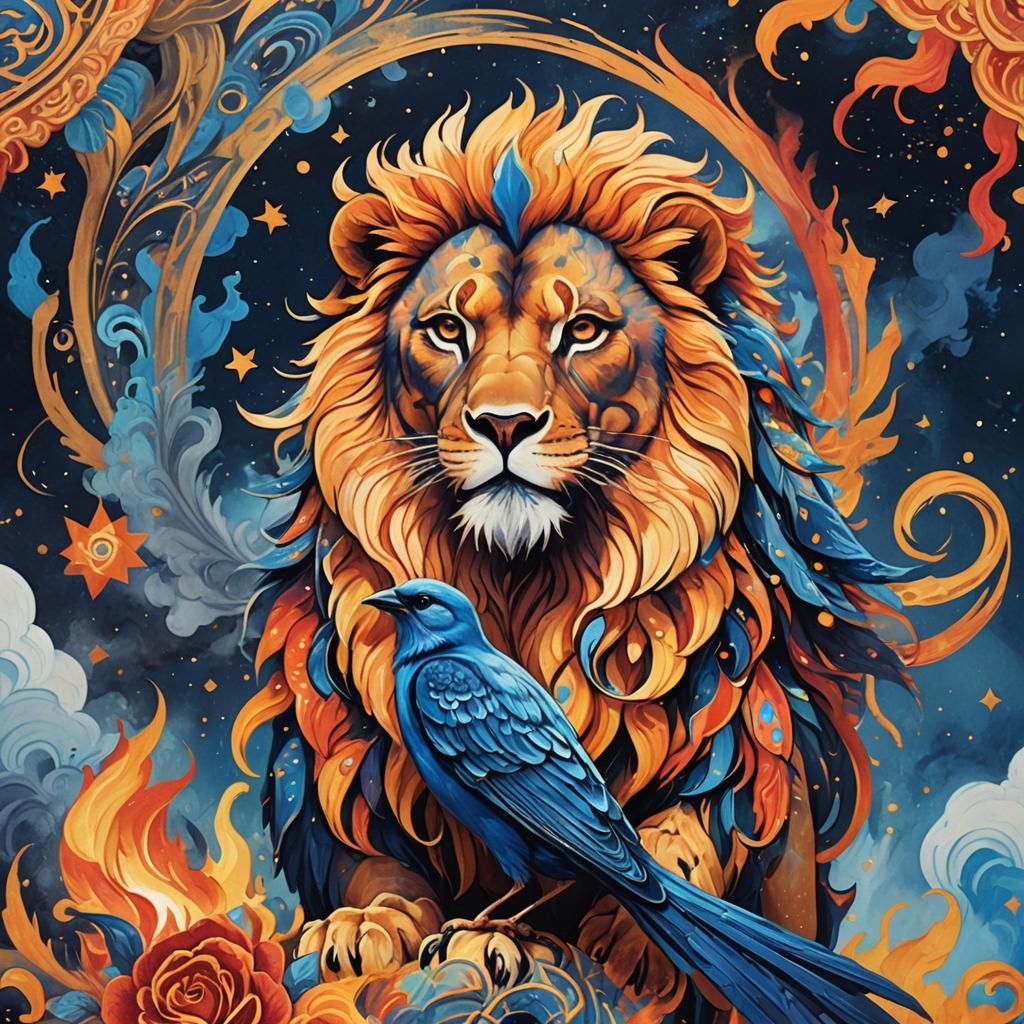 Fiery Lion and Blue Sparrow: Fauvist Concept Art