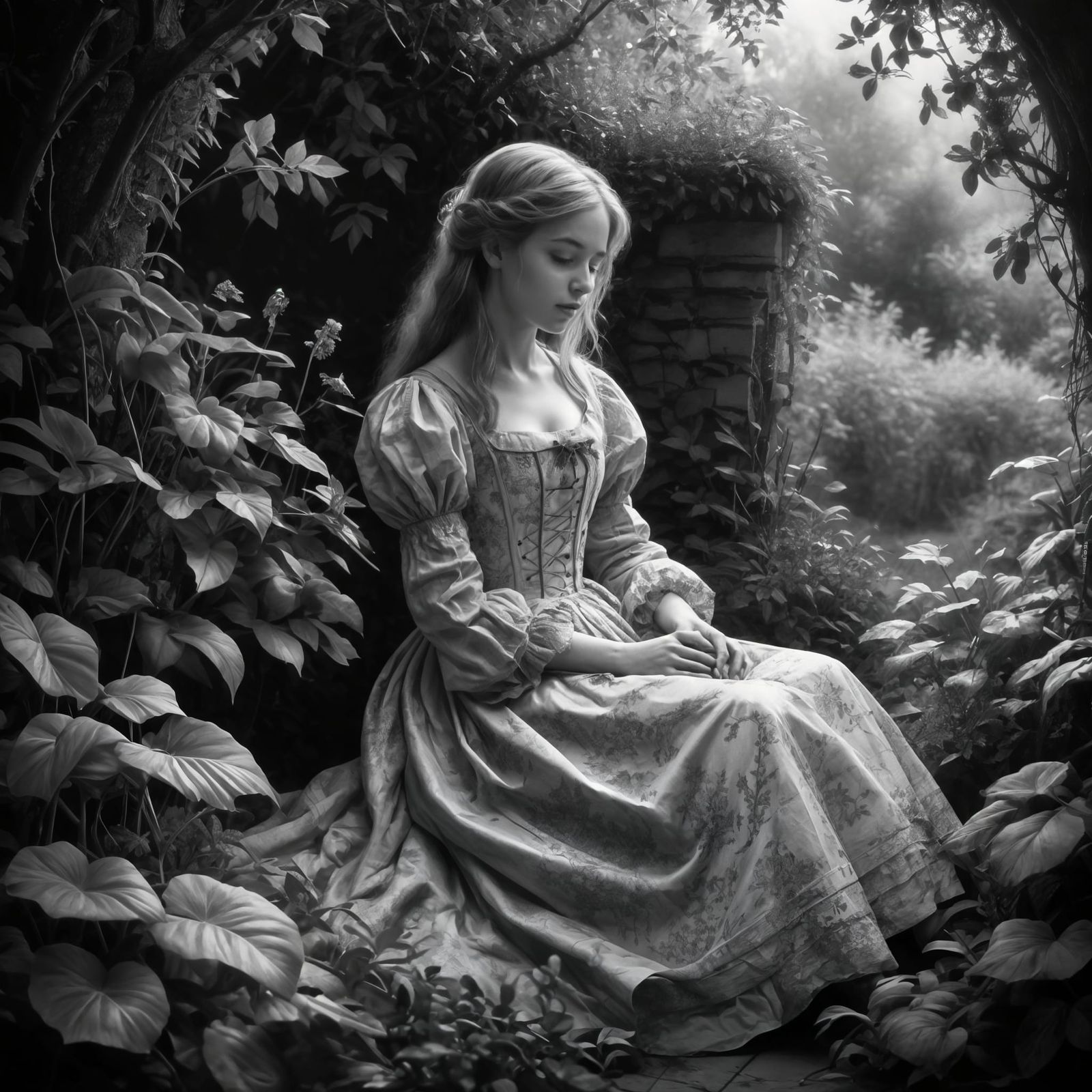 Girl in Overgrown Garden: Storybook Illustration