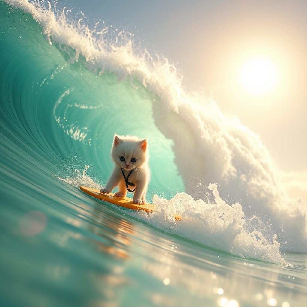 Whimsical Surfing Kitten Rides California Waves Under Blazin...