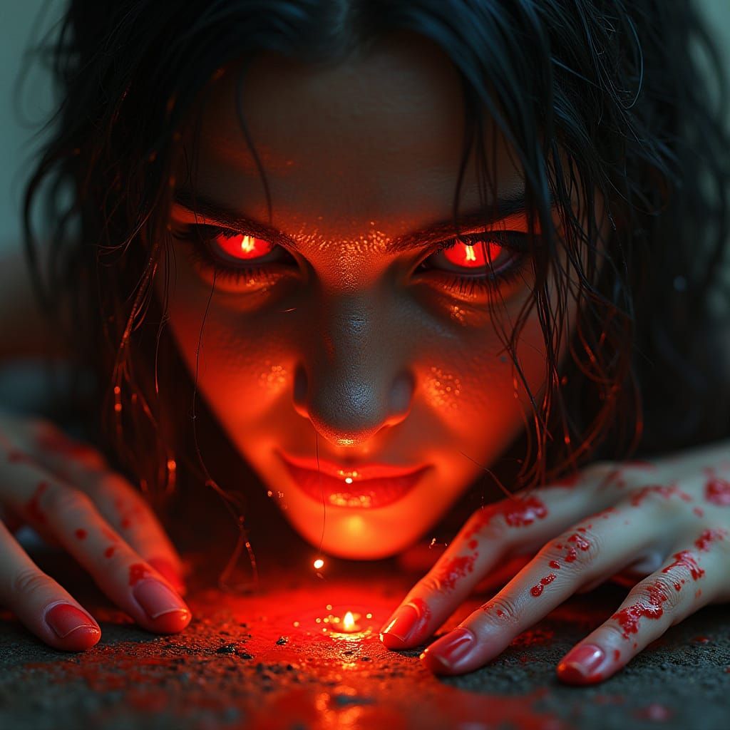 Mystical Woman Tears Through Spider Web in Crimson Hues