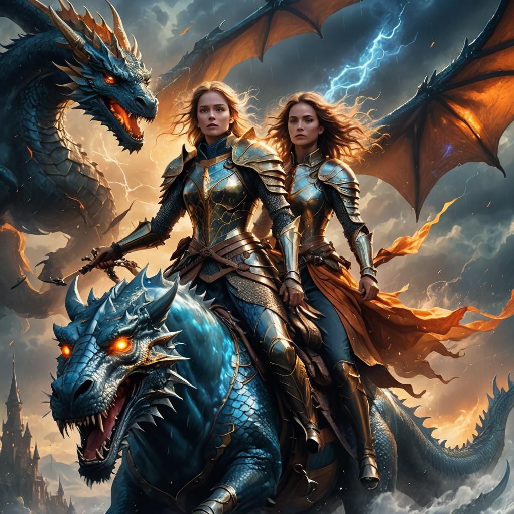 Medieval Lady Rides Dragon in Epic Fantasy Art