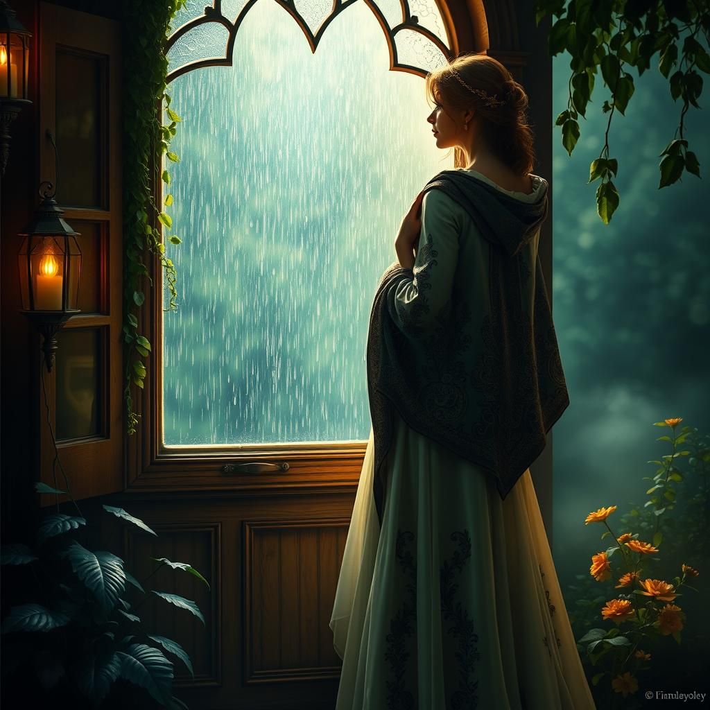 Ethereal Woman Gazing at Rain in Dreamy Style