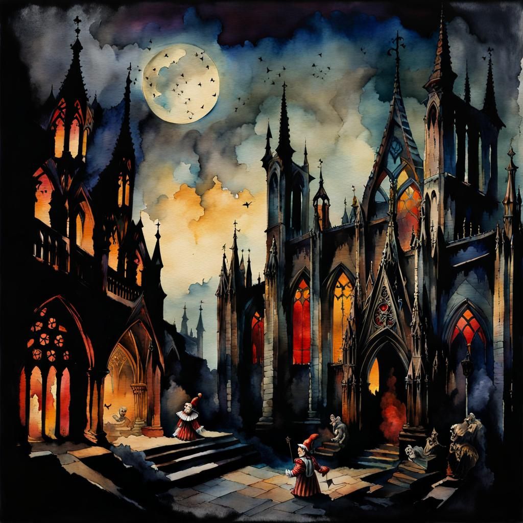 Gothic Victorian Clown Emerging: Watercolor Macabre Image