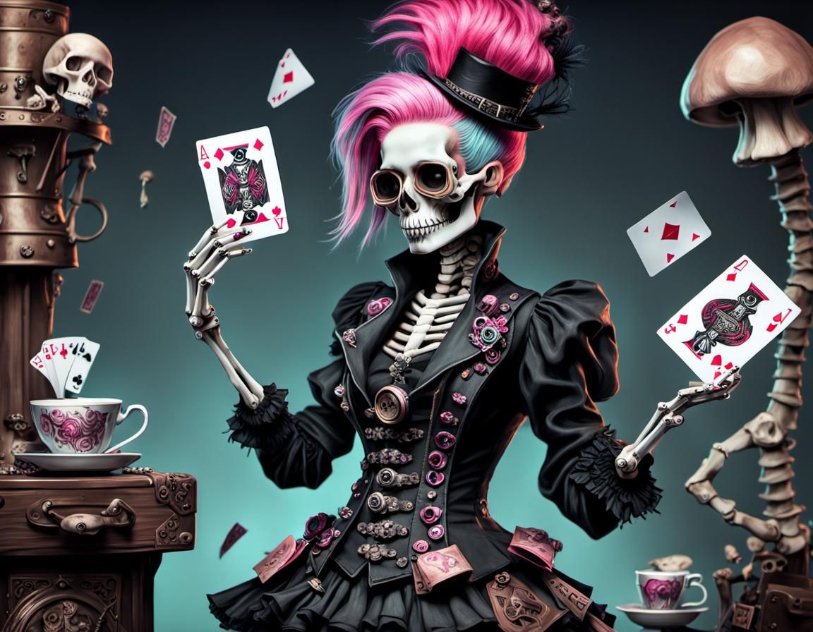 Steampunk Skeleton Girl Stepping Out of Playing Card