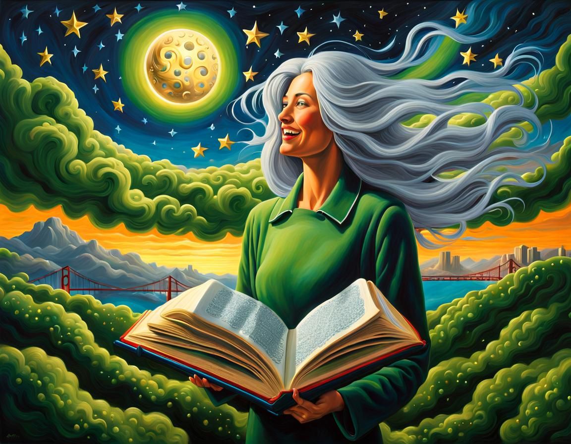 Surreal Night Sky with Flying Book and Golden Gate