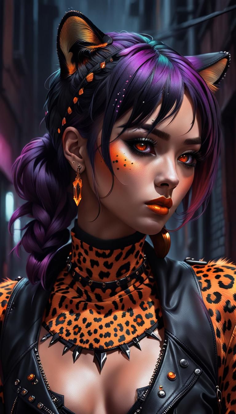 Girl in Cheetah Pastel Goth Fashion: Hyperrealistic Art