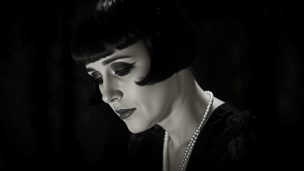 Cinematic film still, extreme close-up, A 1920s flapper star...