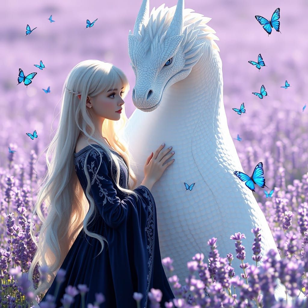 Majestic Dragon Encircles Elven Queen in Lavender Field