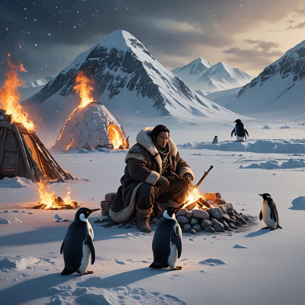 Eskimo sitting next to a penguin getting war by a fire, on a snow field, igloo in the distance, snowing