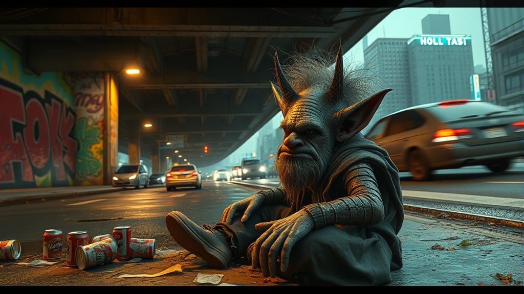 Gritty Troll Disguised as Homeless Man: 3D Cinematic Art