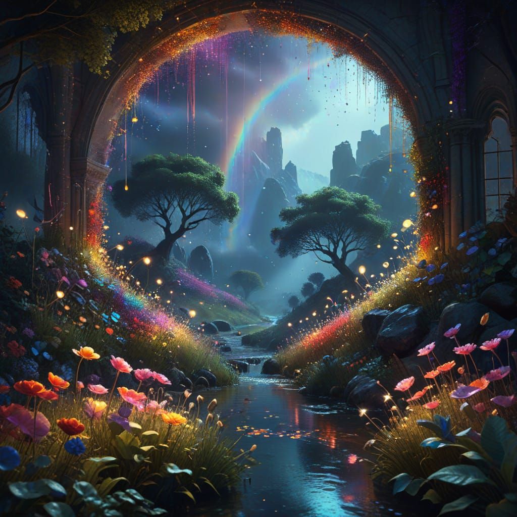 Enchanted Surreal Landscape in Vibrant Rainbow Colors