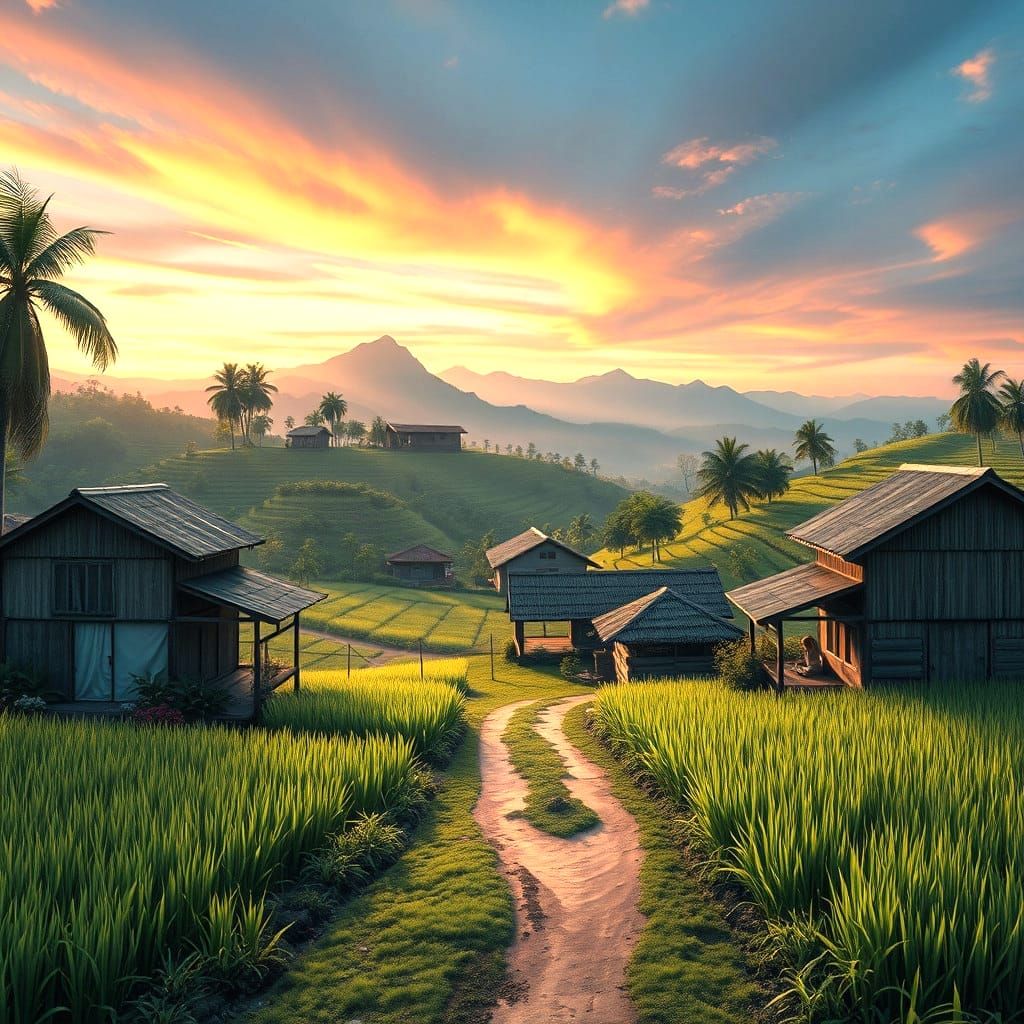 Idyllic Village Scene with Rice Fields in Morning Light