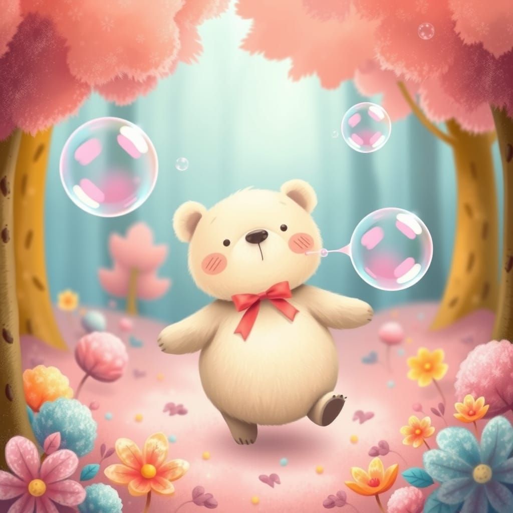 Vibrant Whimsy Bear Blows Giant Bubbles in a Candy-Colored F...