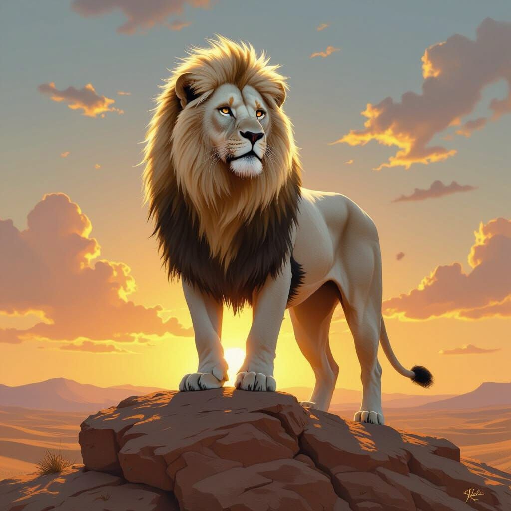 White Lion in Desert Sunset: Realistic Digital Art