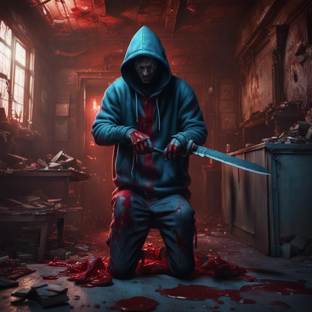 a man bleeding wearing a hoodie in a room holding a knife