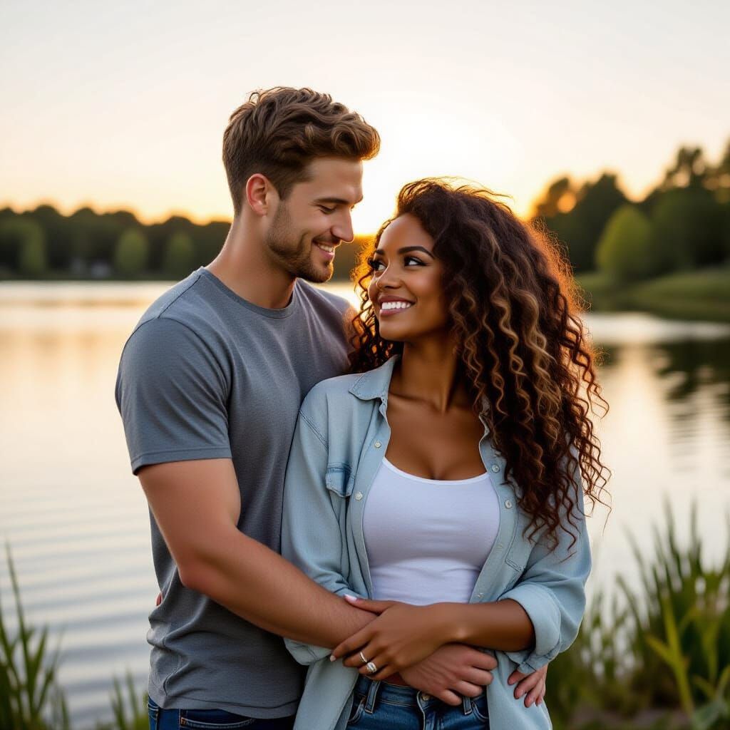 Newly Engaged Biracial Couple Embrace by Lake at Sunset