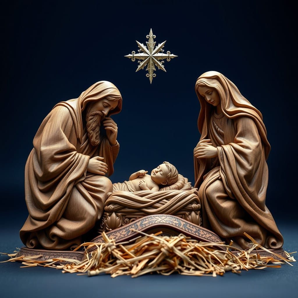 Baroque Walnut Woodcarvings of Nativity Scene at Night