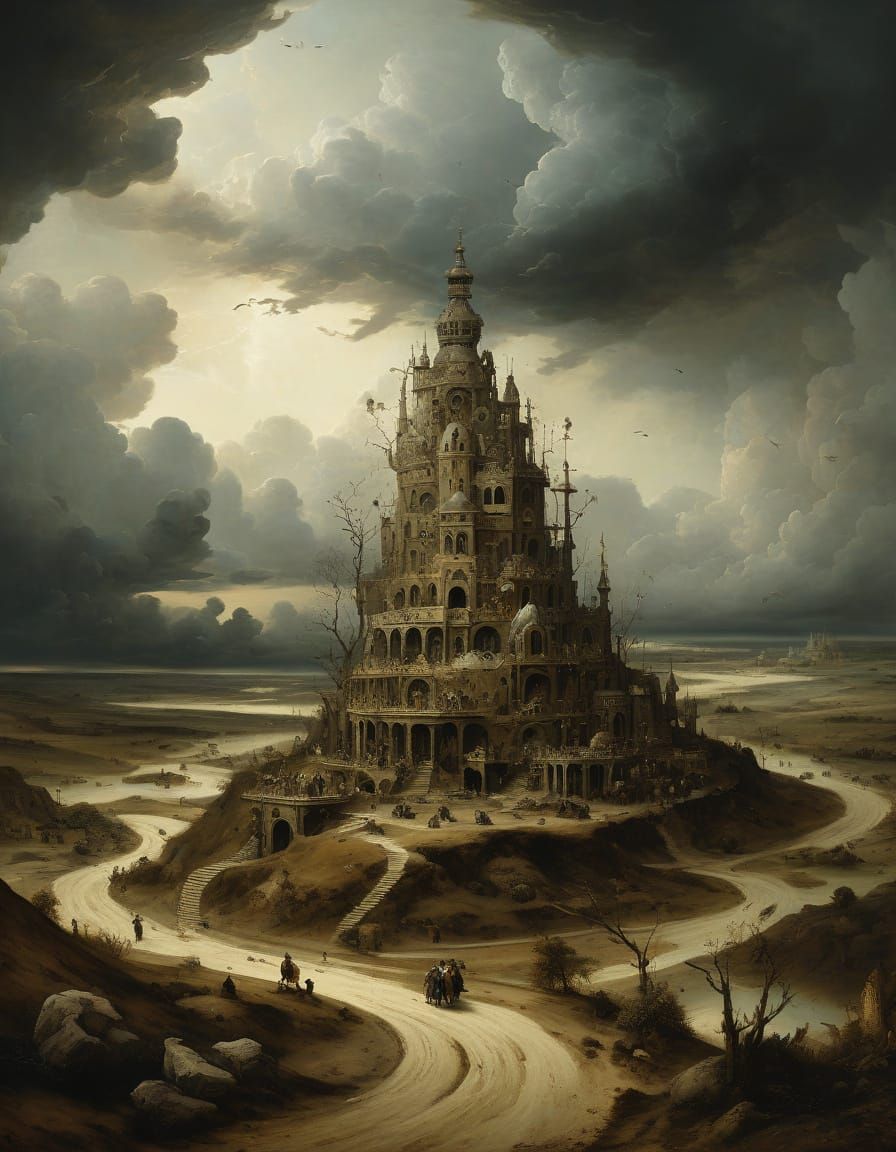 Impossible Surrealist Structure with Hourglass and Figures