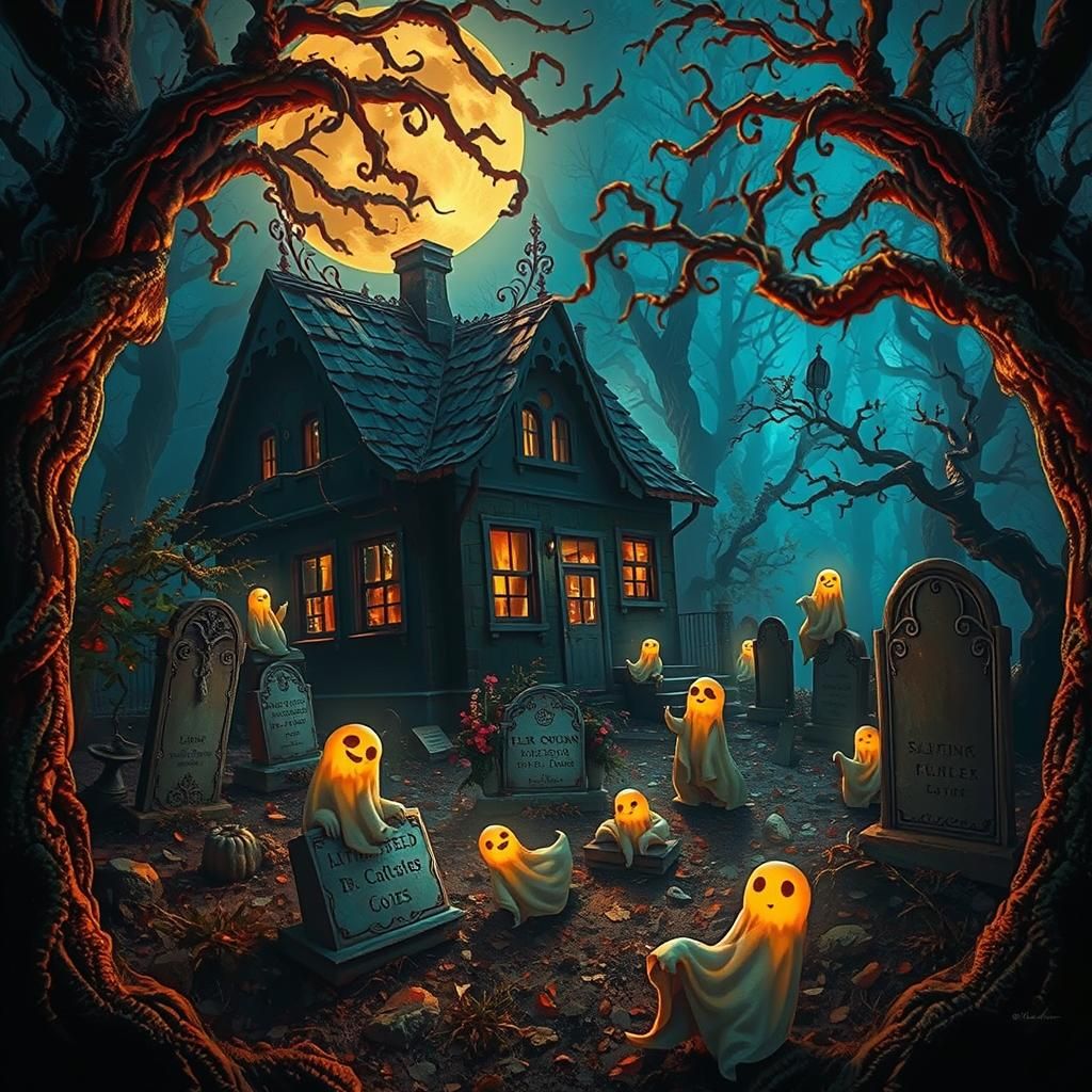Cute Ghosts' Cottage in Dark Fantasy Graveyard