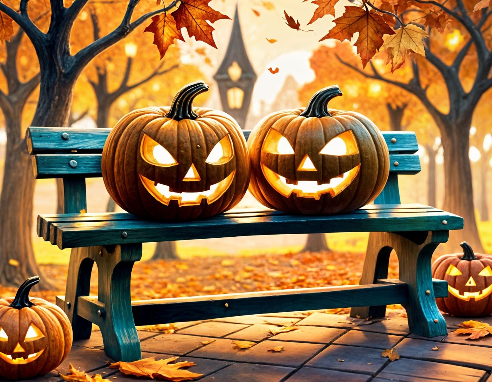 Glowing Jack-o'-Lanterns on a Bench in Autumn