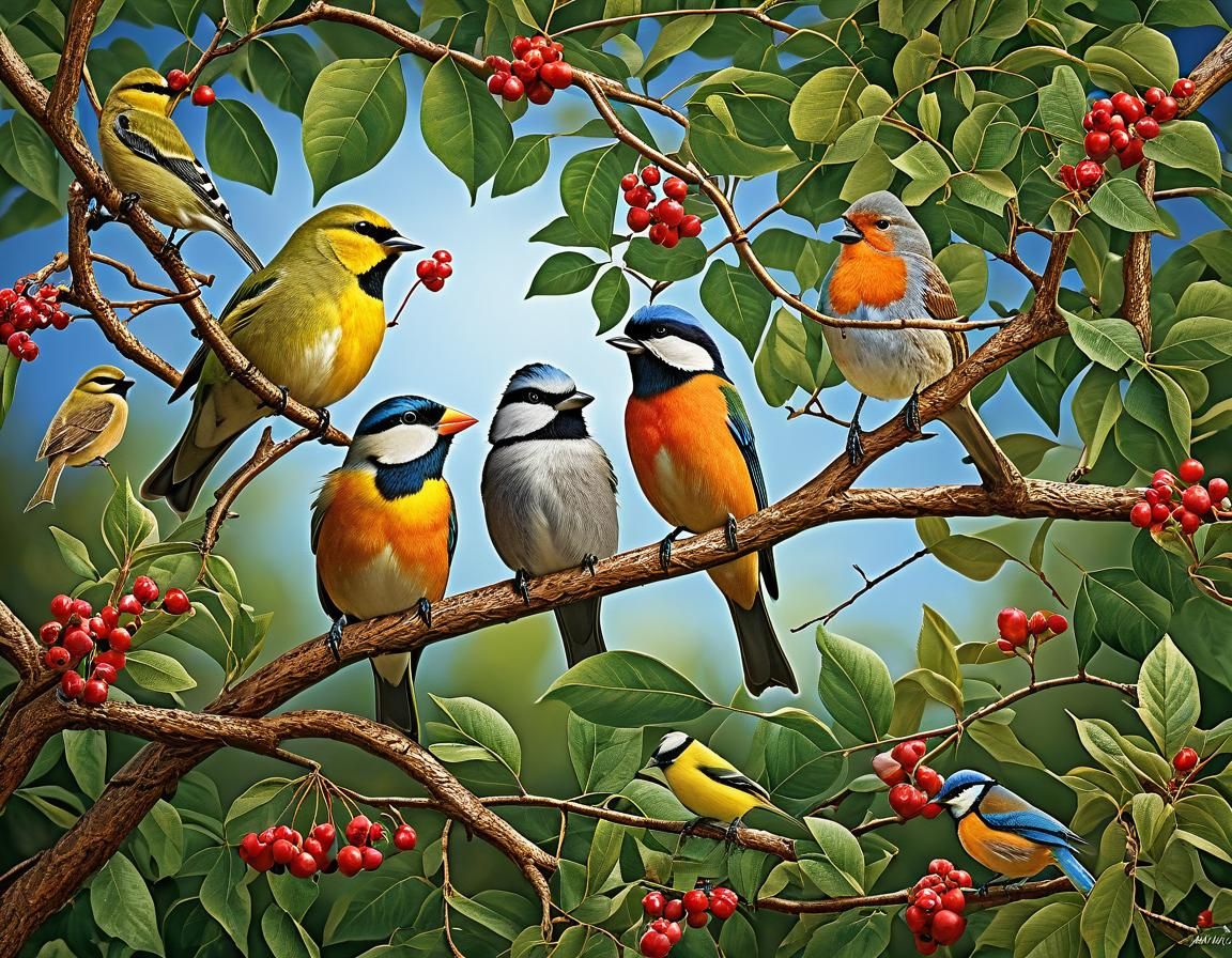 Birds Perched on Intricate Branches in Nature