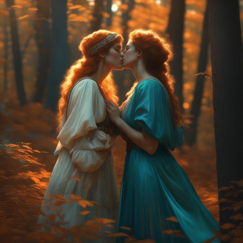 Romantic Kiss in the Woods: A Pre-Raphaelite Vision