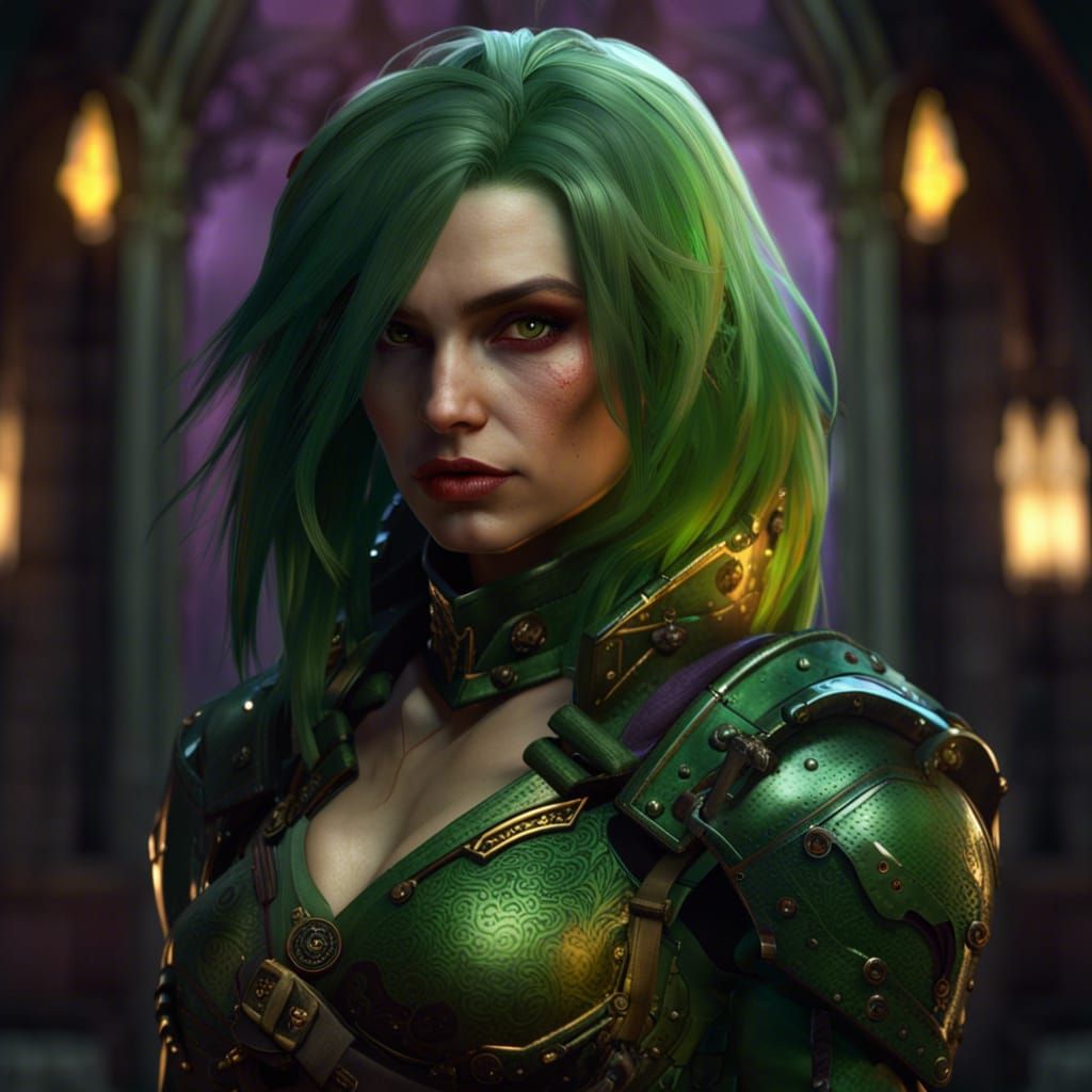 Vampire with Green Hair on Dragon, Dark Fantasy Art